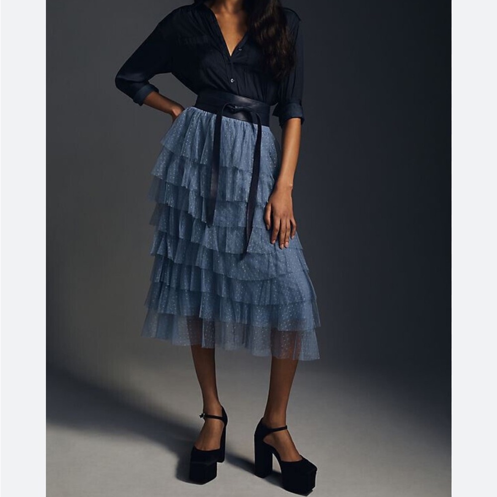 ANTHROPOLOGIE Cherri Ruffled Tulle Midi Skirt S